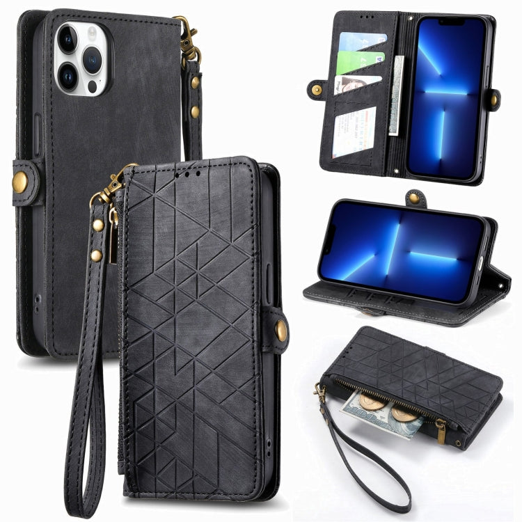 Geometric Zipper Wallet Side Buckle Leather Phone Case, For iPhone 14 Pro Max, For iPhone 13 Pro Max, For iPhone 13 Pro, For iPhone 13
