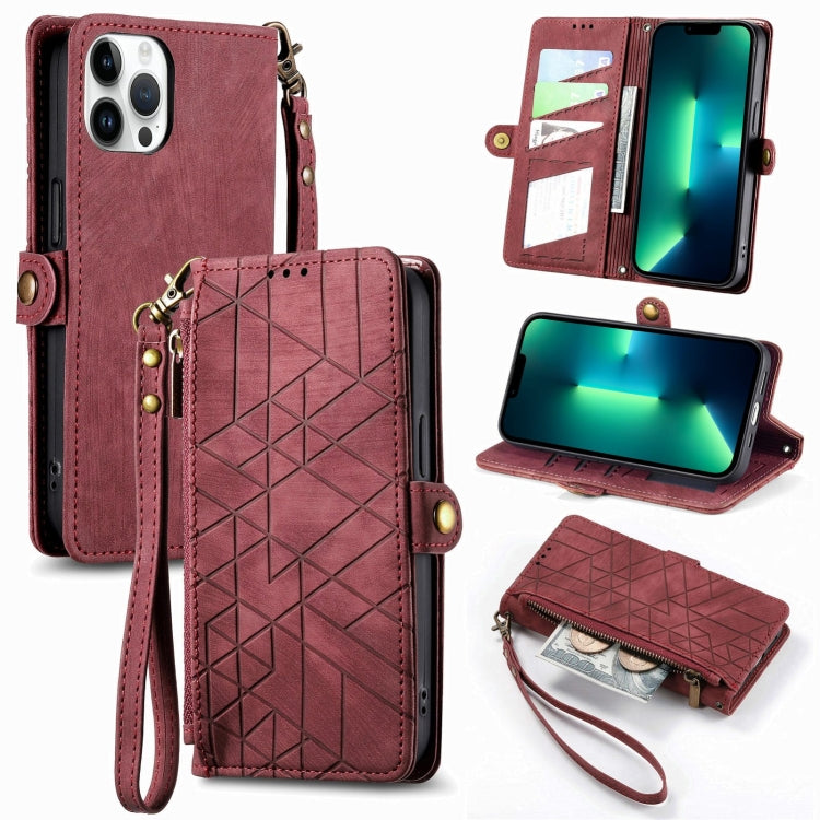 Geometric Zipper Wallet Side Buckle Leather Phone Case, For iPhone 14 Pro Max, For iPhone 13 Pro Max, For iPhone 13 Pro, For iPhone 13