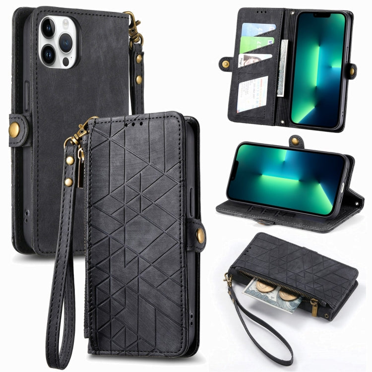 Geometric Zipper Wallet Side Buckle Leather Phone Case, For iPhone 14 Pro Max, For iPhone 13 Pro Max, For iPhone 13 Pro, For iPhone 13