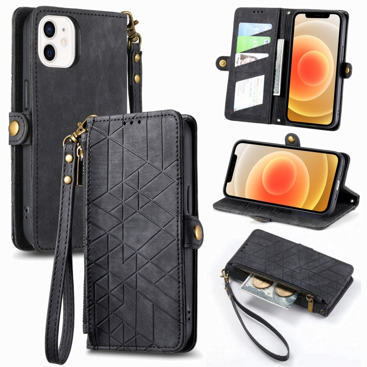 Geometric Zipper Wallet Side Buckle Leather Phone Case, For iPhone 13 mini, For iPhone 12 Pro Max, For iPhone 12 / 12 Pro, For iPhone 12 mini