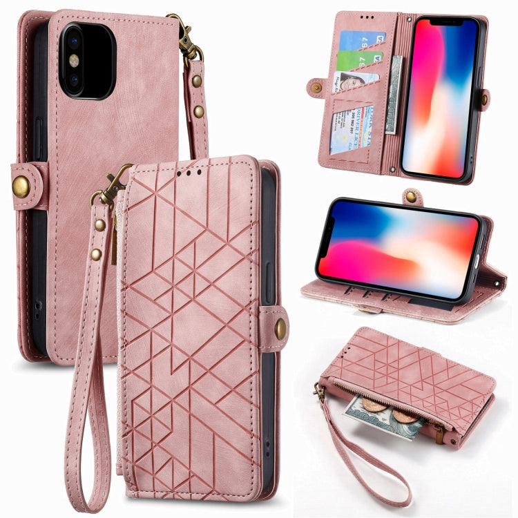 Geometric Zipper Wallet Side Buckle Leather Phone Case, For iPhone XS Max, For iPhone 7 Plus / 8 Plus, For iPhone 7 / 8 / SE 2022, For iPhone X / XS