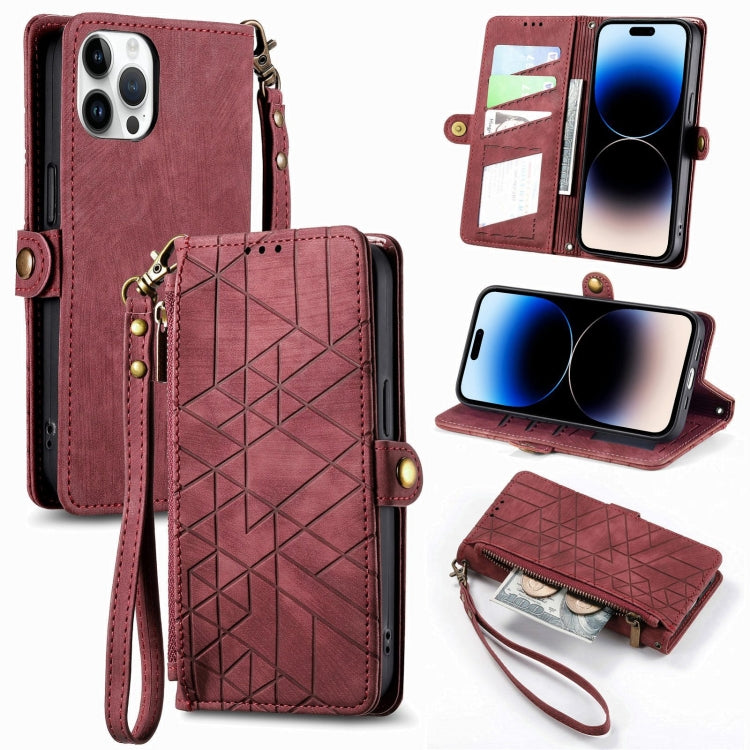 Geometric Zipper Wallet Side Buckle Leather Phone Case, For iPhone 16, For iPhone 15 Pro Max, For iPhone 15 Pro, For iPhone 15 Plus