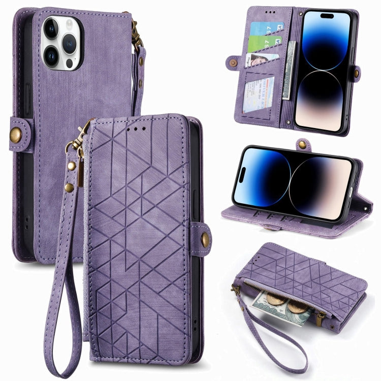 Geometric Zipper Wallet Side Buckle Leather Phone Case, For iPhone 16, For iPhone 15 Pro Max, For iPhone 15 Pro, For iPhone 15 Plus