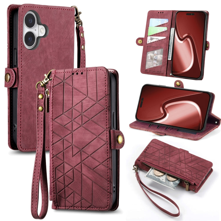 Geometric Zipper Wallet Side Buckle Leather Phone Case, For iPhone 16, For iPhone 15 Pro Max, For iPhone 15 Pro, For iPhone 15 Plus