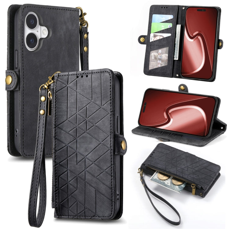 Geometric Zipper Wallet Side Buckle Leather Phone Case, For iPhone 16e, For iPhone 16 Pro Max, For iPhone 16 Pro, For iPhone 16 Plus