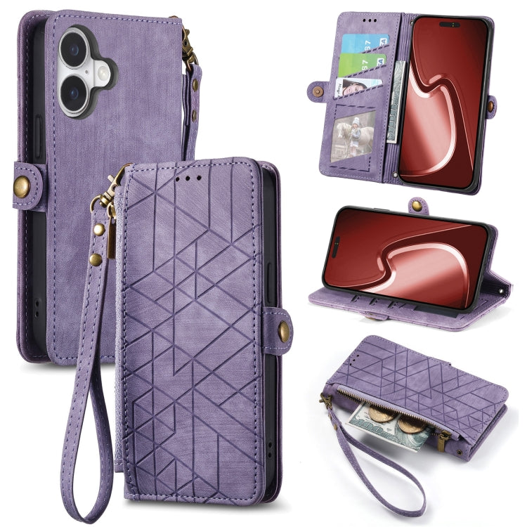 Geometric Zipper Wallet Side Buckle Leather Phone Case, For iPhone 16e, For iPhone 16 Pro Max, For iPhone 16 Pro, For iPhone 16 Plus
