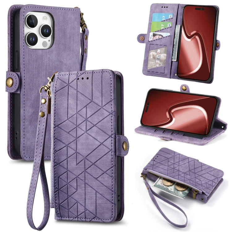 Geometric Zipper Wallet Side Buckle Leather Phone Case, For iPhone 16e, For iPhone 16 Pro Max, For iPhone 16 Pro, For iPhone 16 Plus