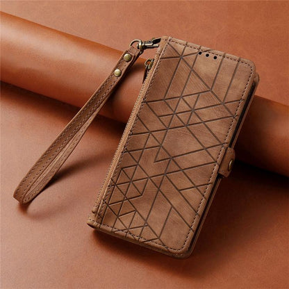 جراب هاتف جلدي بتصميم هندسي مع سحاب ومشبك جانبي، مناسب لأجهزة iPhone 16e وiPhone 16 Pro Max وiPhone 16 Pro وiPhone 16 Plus