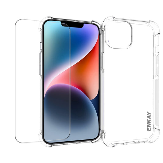 جراب هاتف شفاف مقاوم للصدمات من ENKAY مصنوع من مادة TPU مع غشاء زجاجي، مناسب لأجهزة iPhone 14 Plus وiPhone 15 Pro Max وiPhone 14 وiPhone 15 Pro وiPhone 14 Pro وiPhone 15 Plus وiPhone 14 Pro Max وiPhone 15