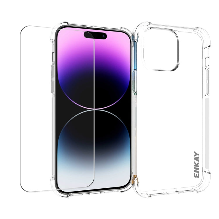 ENKAY Transparent TPU Shockproof Phone Case with Glass Film, For iPhone 14 Plus, For iPhone 15 Pro Max, For iPhone 14, For iPhone 15 Pro, For iPhone 14 Pro, For iPhone 15 Plus, For iPhone 14 Pro Max, For iPhone 15