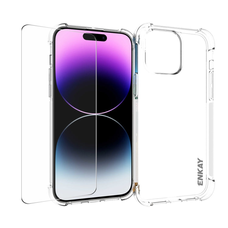 ENKAY Transparent TPU Shockproof Phone Case with Glass Film, For iPhone 14 Plus, For iPhone 15 Pro Max, For iPhone 14, For iPhone 15 Pro, For iPhone 14 Pro, For iPhone 15 Plus, For iPhone 14 Pro Max, For iPhone 15