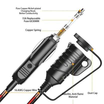 TR-29 Car Cigarette Lighter Extension Cord Male Plug to Female Socket with 16AWG Extender Cable, TR-29