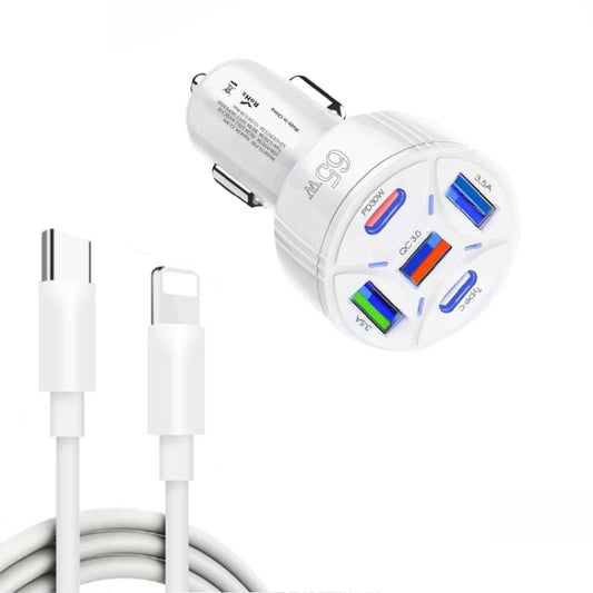 TE-P50 65W PD30W Type-C x 2 + USB x 3 Multi Port Car Charger with 1m Type-C to 8 Pin Data Cable, with 8 Pin Cable