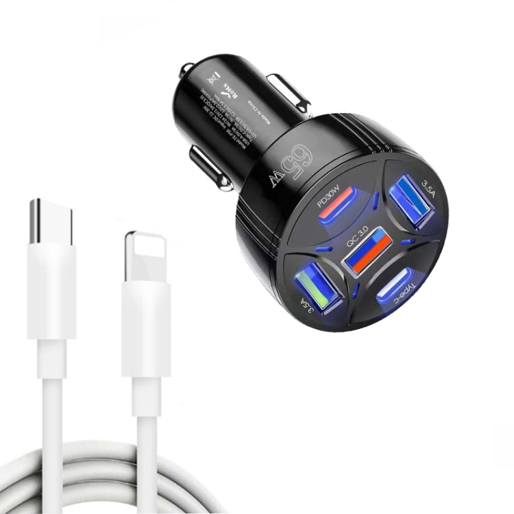 TE-P50 65W PD30W Type-C x 2 + USB x 3 Multi Port Car Charger with 1m Type-C to 8 Pin Data Cable, with 8 Pin Cable