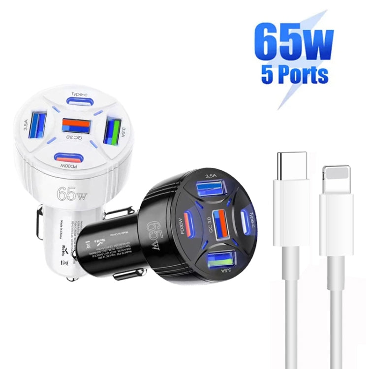 TE-P50 65W PD30W Type-C x 2 + USB x 3 Multi Port Car Charger with 1m Type-C to 8 Pin Data Cable, with 8 Pin Cable