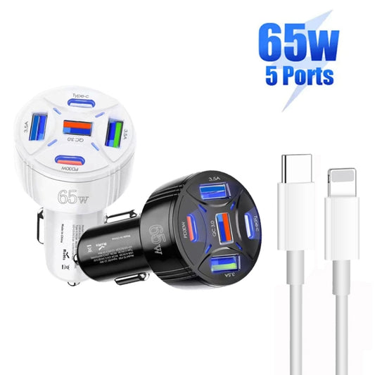 TE-P50 65W PD30W Type-C x 2 + USB x 3 Multi Port Car Charger with 1m Type-C to 8 Pin Data Cable, with 8 Pin Cable