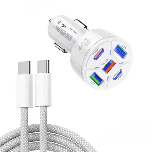 TE-P50 65W PD30W Type-C x 2 + USB x 3 Multi Port Car Charger with 1m Type-C to Type-C Data Cable, with Type-C Cable