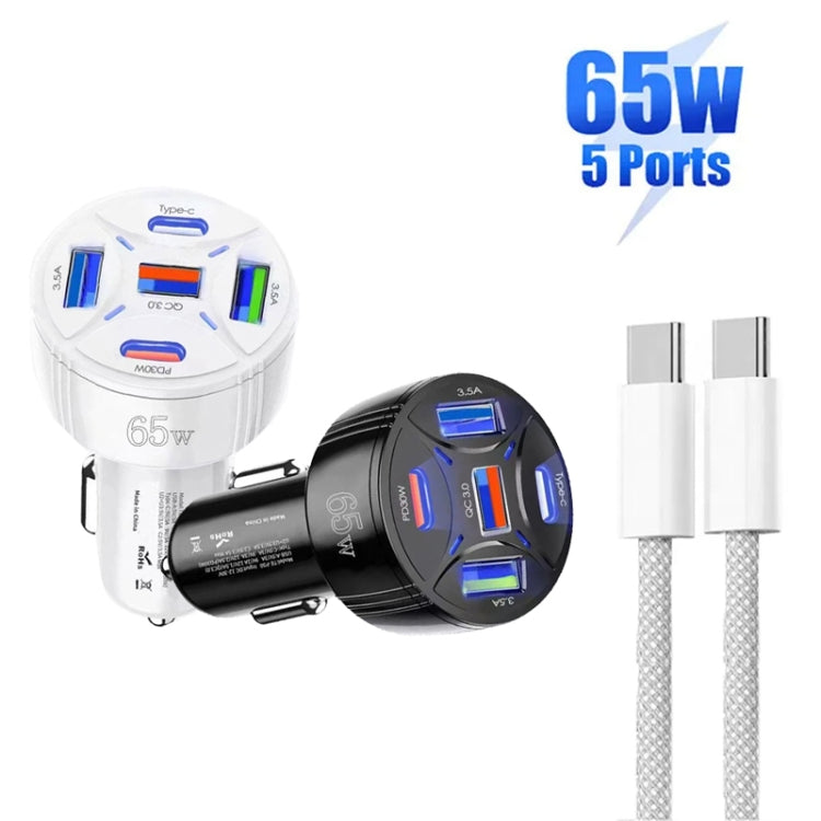 TE-P50 65W PD30W Type-C x 2 + USB x 3 Multi Port Car Charger with 1m Type-C to Type-C Data Cable, with Type-C Cable