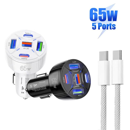 TE-P50 65W PD30W Type-C x 2 + USB x 3 Multi Port Car Charger with 1m Type-C to Type-C Data Cable, with Type-C Cable