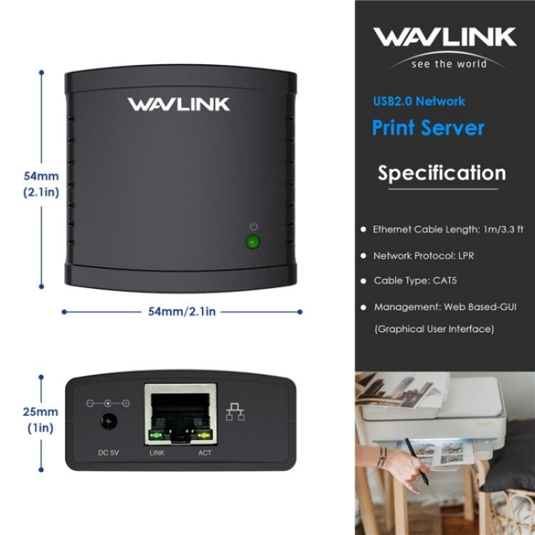 WAVLINK NU72P11 100Mbps Network Print Server USB 2.0 Network Printer Power Adapter