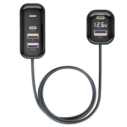 YQ6 PD 30W Fast Charging 2 x Type-C + 3 x USB Car Charger with 1.5m Extension Cable, YQ6