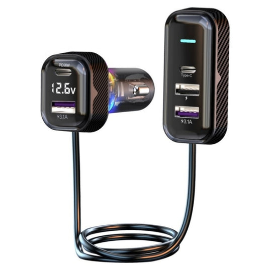 YQ6 PD 30W Fast Charging 2 x Type-C + 3 x USB Car Charger with 1.5m Extension Cable, YQ6