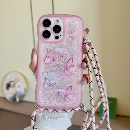 Crossbody Wave Edge Butterfly TPU Phone Case, For iPhone 16 Pro Max, For iPhone 16 Pro, For iPhone 16 Plus, For iPhone 16