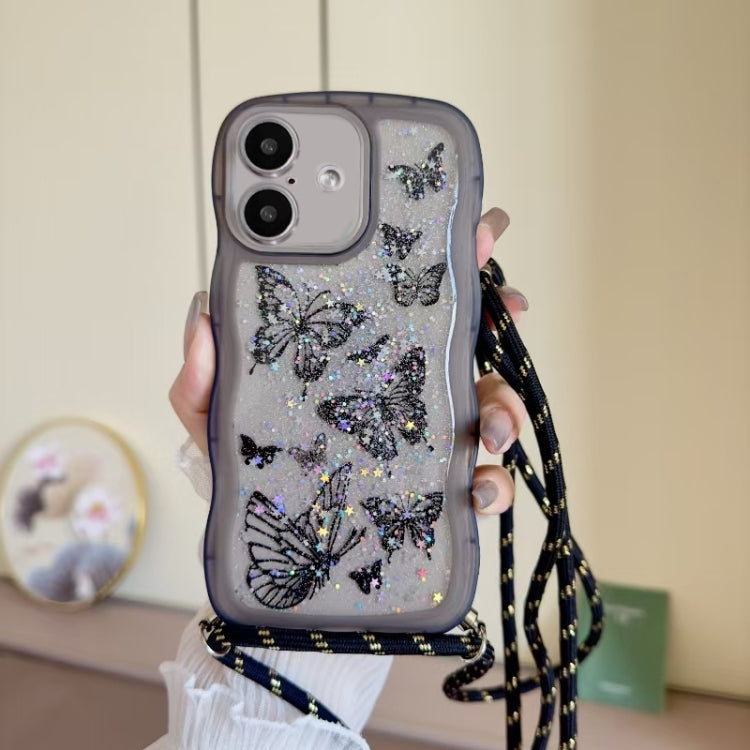 Crossbody Wave Edge Butterfly TPU Phone Case, For iPhone 16 Pro Max, For iPhone 16 Pro, For iPhone 16 Plus, For iPhone 16