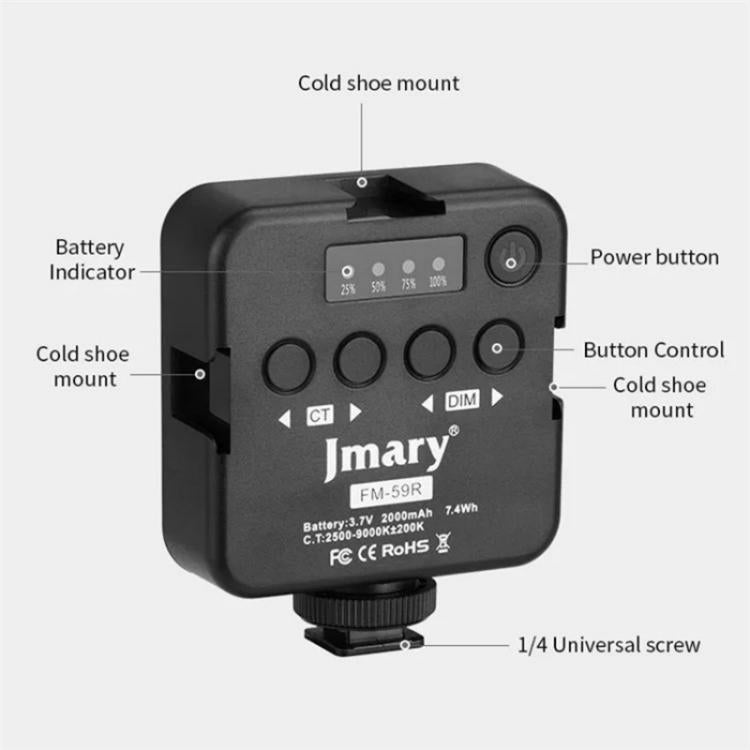 JMARY FM-59R Dimmable Video Recording Mini Fill Light with 3 Cold Shoe Mounts, FM-59R