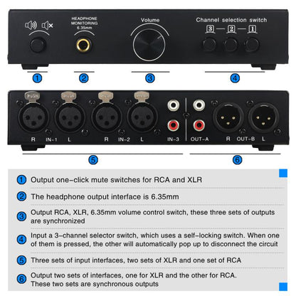 B082 3 Input 3 Output Audio Signal Selector Balanced Line Switcher