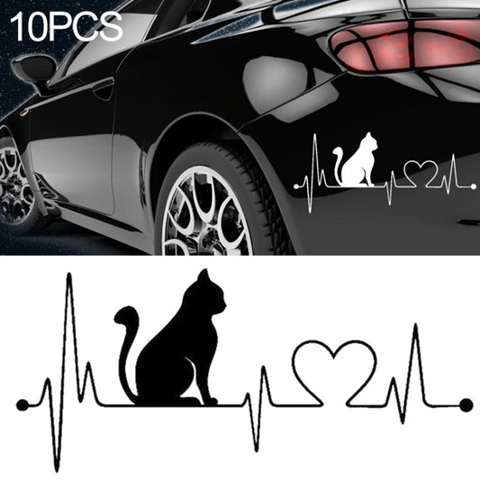 10 PCS Pet Cat Heartbeat Lifeline Vinyl Decal Creative Car Stickers Car Styling Truck Accessories,  26.5x12CM, Black, Silver