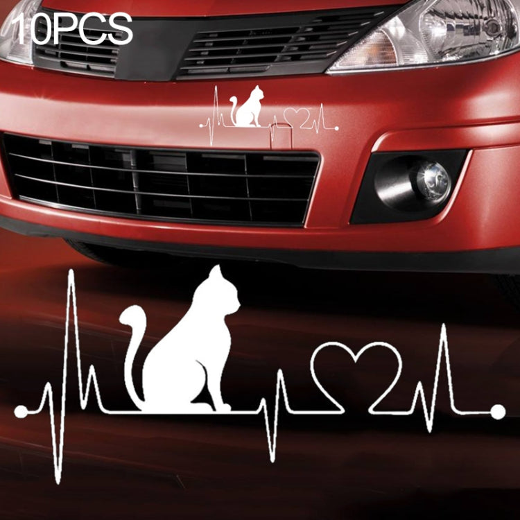 10 PCS Pet Cat Heartbeat Lifeline Vinyl Decal Creative Car Stickers Car Styling Truck Accessories,  26.5x12CM, Black, Silver