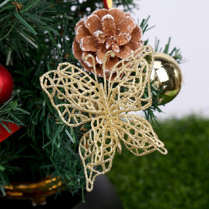 5 PCS Christmas Tree Decoration Artificial Flower Butterfly Christmas Pendant, Gold