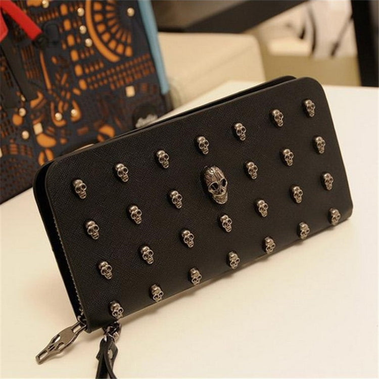 Women Metal Skull Wallet Card Leather Wristlet Handbags, Metal Skull Wallet