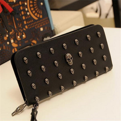 Women Metal Skull Wallet Card Leather Wristlet Handbags, Metal Skull Wallet