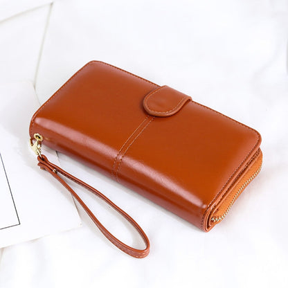 Ladies Oil Wax Leather Retro Long Large Capacity Multifunctional Wallet Clutch Bag