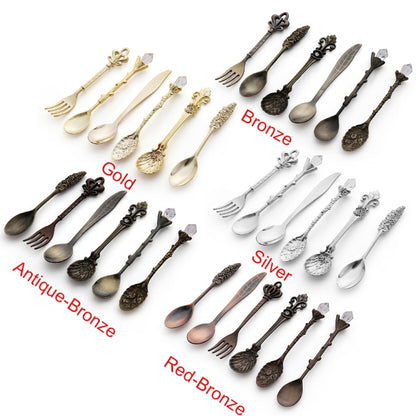 6pcs / Set Vintage Mini Coffee Spoons Suit Royal Style Metal Carved Coffee Fruit Cutler Dessert Flatware Kitchen Tools, Gold, Red Bronze, Antique Bronze（With Red Fork）, Antique Bronze（With Antique Fork）, Silver
