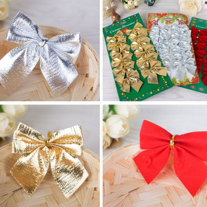 12 قطعة من زينة شجرة عيد الميلاد المزينة بقوس منقوش، باللون الذهبي والأحمر والفضي