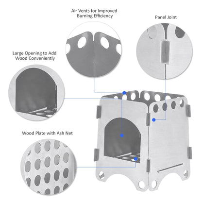 Camping Wood Stove Ultralight Folding Pocket Stove Outdoor Backpacking Cooking Wood Burning Stove Aluminum-Titanium