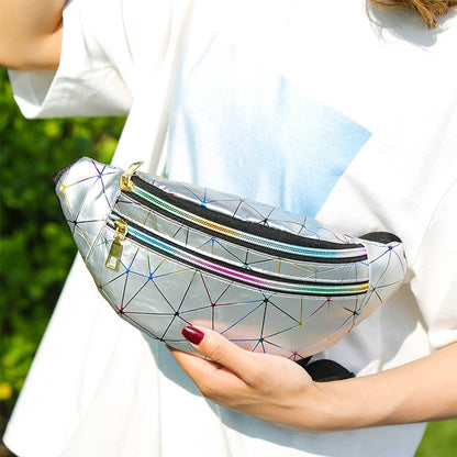 Laser Pattern PU Leather Waist Bags Women Fanny Pack Single Shoulder Bag, Double Zipper Rhombus (Black ), Double Zipper Rhombus (Pink), Double Zipper Rhombus (Sliver)