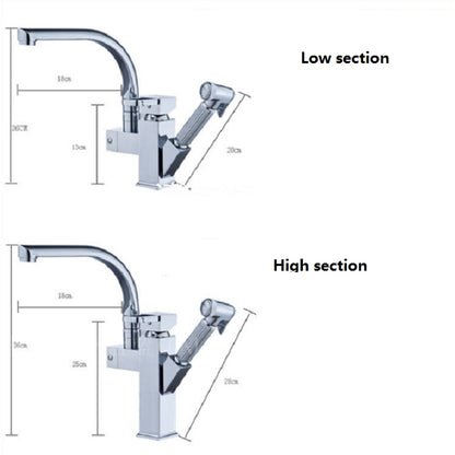 Kitchen Faucet Mixer Tap Single Handle Two Swivel Spouts Hot Cold Water Tap Pull Out Flushing Spray Tap, Low