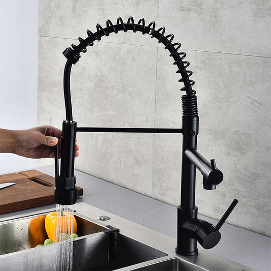Multifunctional Cold Hot Water Tank Kitchen Spring Double Nozzle 360 Degree Rotary Tap, Black