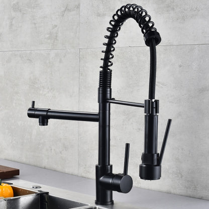 Multifunctional Cold Hot Water Tank Kitchen Spring Double Nozzle 360 Degree Rotary Tap, Black