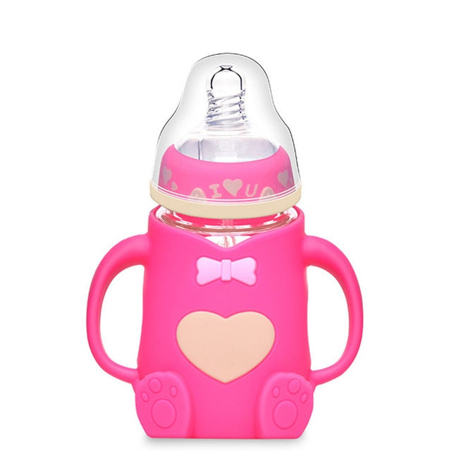 Baby Silicone Glass Bottles Drop-proof and Flatulence-proof Glass Baby Bottle