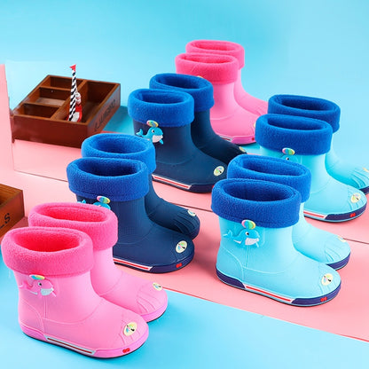 Children Non-Slip Plus Velvet Warm Cartoon Short Rain Boots, Inner Length 15cm With Cotton Cover, Inner Length 16cm With Cotton Cover, Inner Length 17cm With Cotton Cover, Inner Length 18cm With Cotton Cover, Inner Length 19cm With Cotton Cover��������...