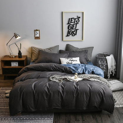 Bedding Set Solid Plaid Side Bed Comforter Duvet Cover Sheet Set