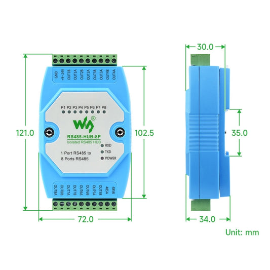 موزع RS485 من Waveshare RS485-HUB-8P، معزول للاستخدام الصناعي، 8 قنوات، يدعم التركيب على السكة، نطاق واسع لمعدل البود