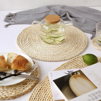 2 PCS Non-slip Natural Corn Woven Thickening Insulated Tea Mat Table Heat-resistant Casserole Mat, Round Coaster 10cm, Round Placemat 22cm, Round Placemat 35cm