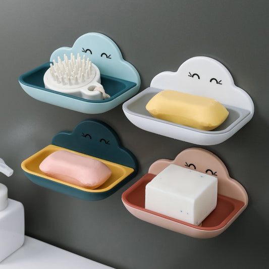 Cloud Soap Box Toilet Creative Wall-mounted Bathroom Toilet Free Punch Double-layer Drain Rack, White, Pink, Dark Blue, Light Blue