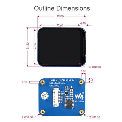 وحدة عرض Waveshare IPS LCD بدقة 240×280 ومقاس 1.69 بوصة مع واجهة SPI، مقاس 1.69 بوصة
